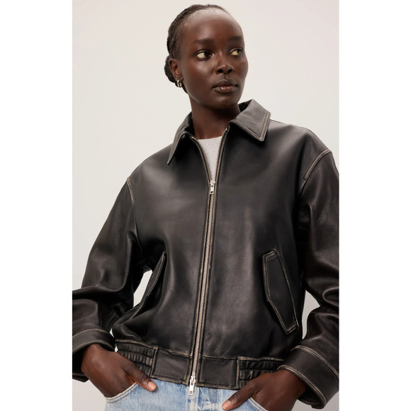 DUNST Black Leather Bomber Jacket - Picture 1 of 9